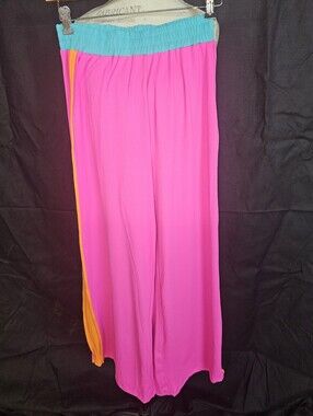 Bright Pink Wide-Leg Pants with Teal Waistband
